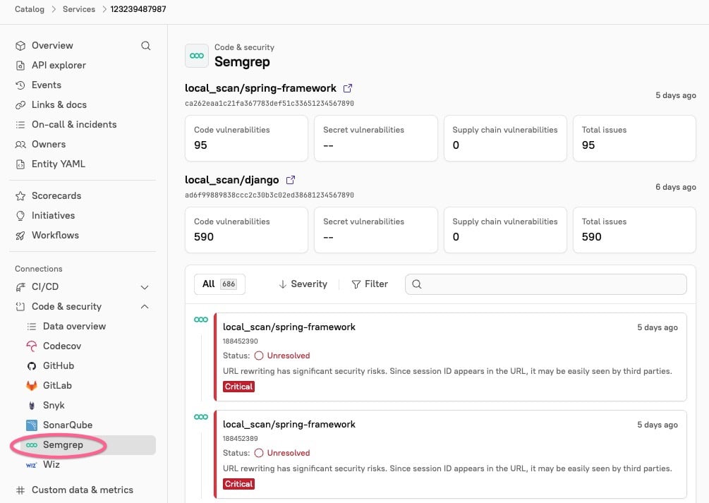 On an entity, click Code & security > Semgrep to view vulnerability details from Semgrep.