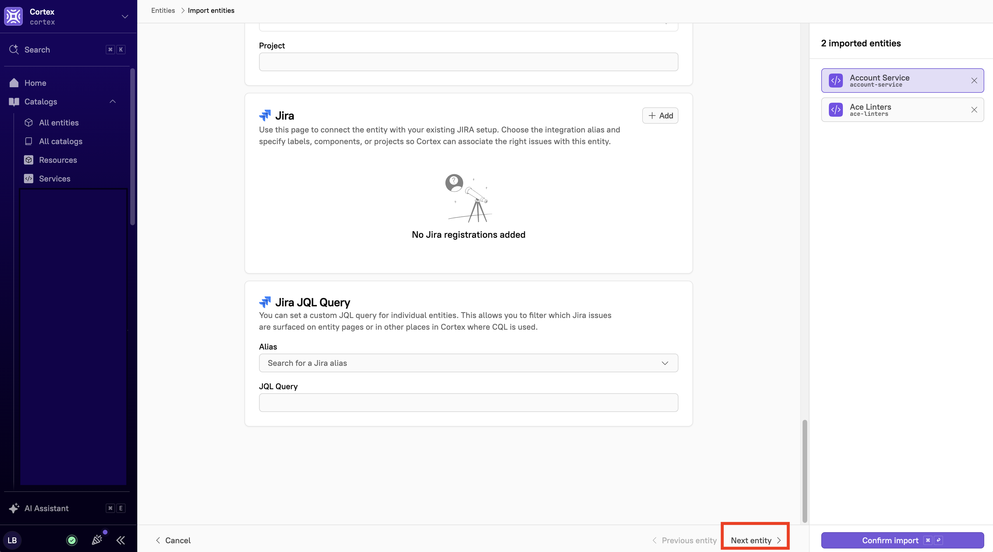 The 'Next entity' link in the bottom-right corner of the page.