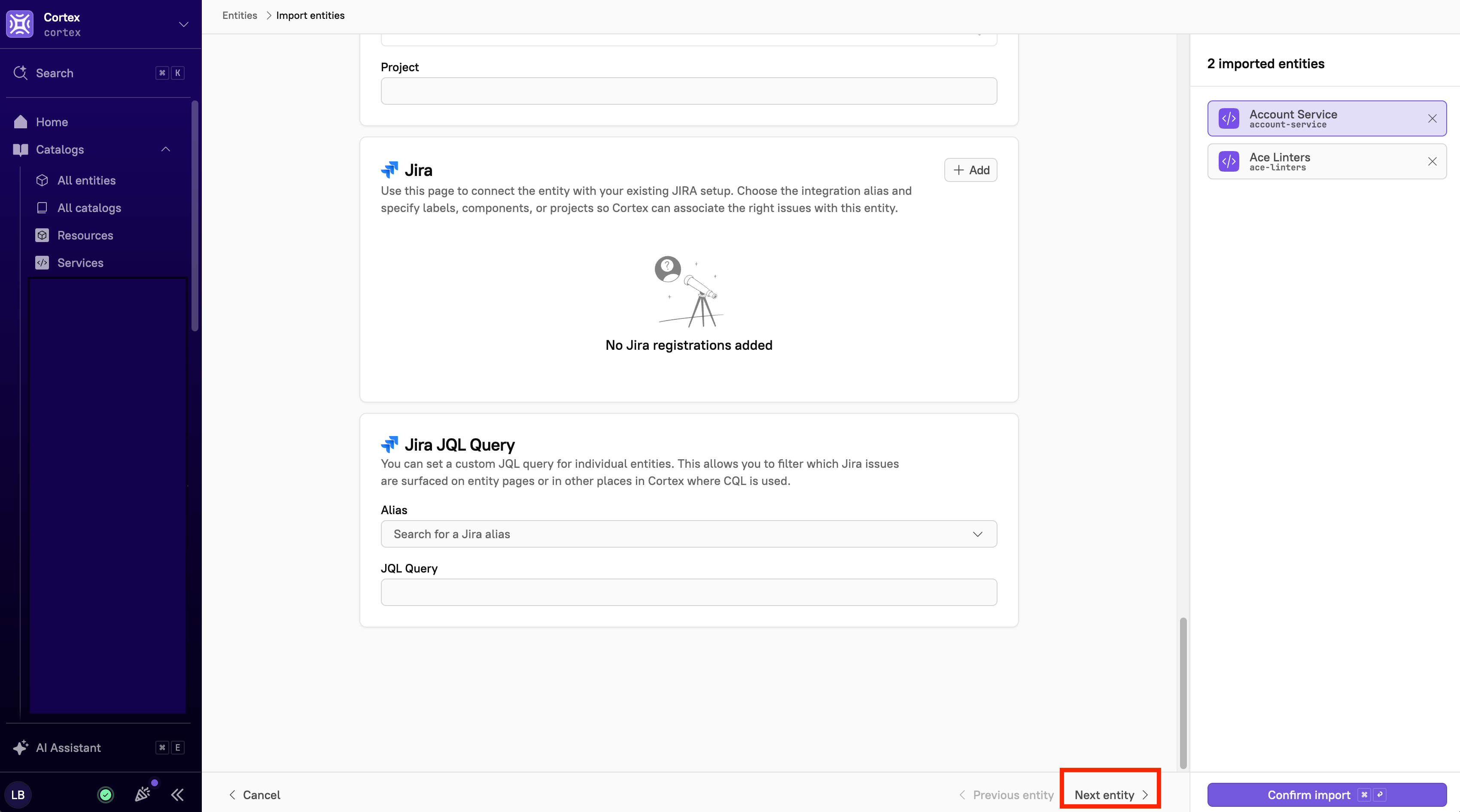 The 'Next entity' link in the bottom-right corner of the page.