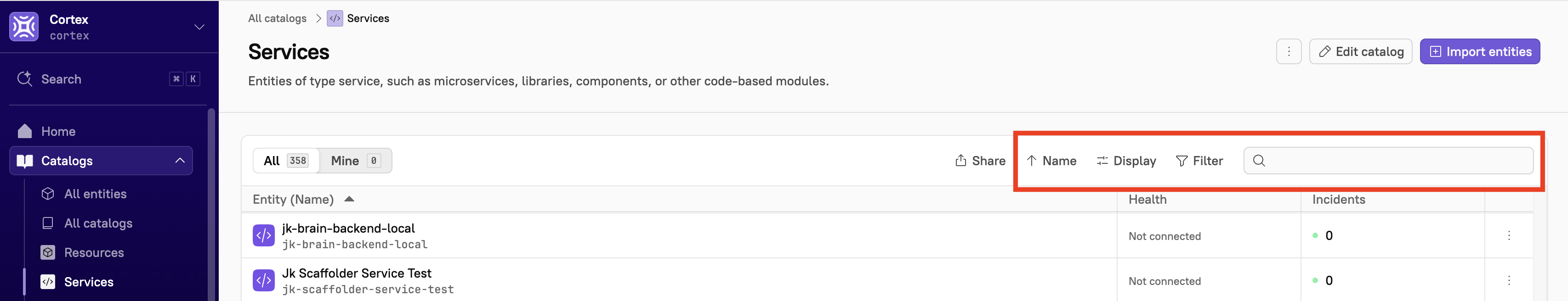 The search and filter options in the upper-right corner of the page.