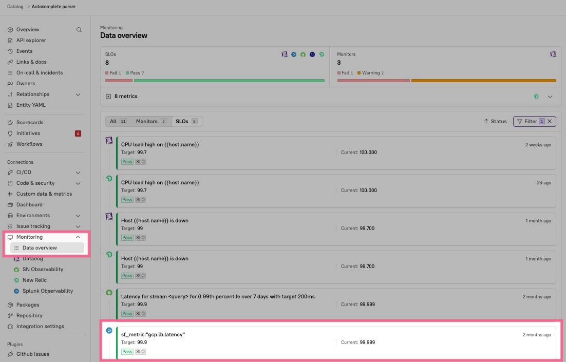 View SLOs in the entity sidebar under Monitoring > Data overview.