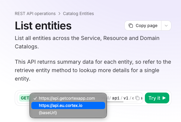 A list of the available base URLs for the API.