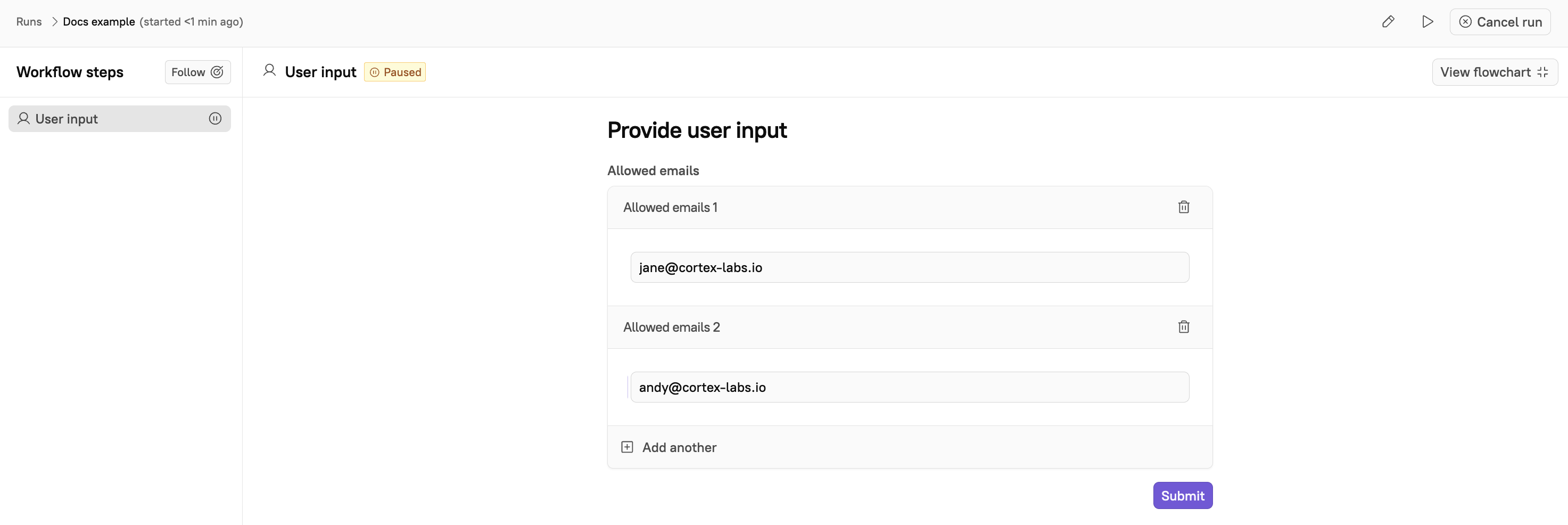 Nested form String input at runtime: one text field per row with Add and remove buttons.