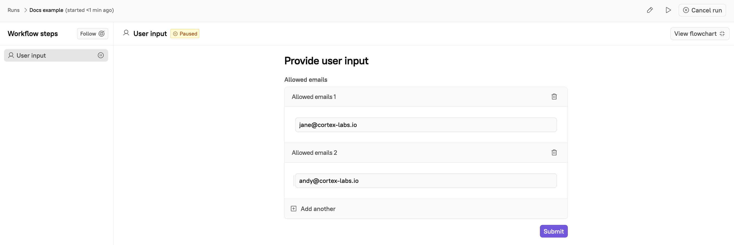 Nested form String input at runtime: one text field per row with Add and remove buttons.