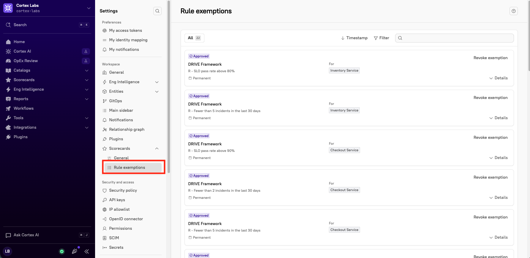 Scorecards Rule Exemptions Settings