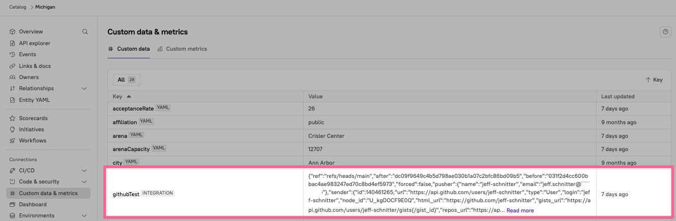 The custom webhook data appears next to the key on the entity page.