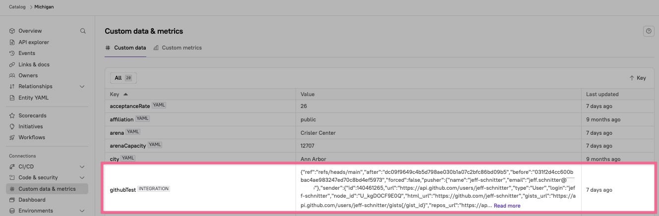 The custom webhook data appears next to the key on the entity page.