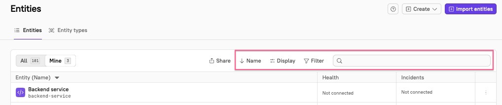 The search and filter options in the upper-right corner of the page.