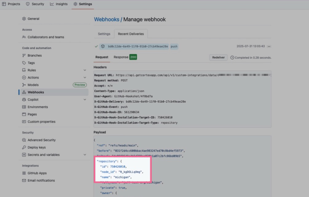 The repository name appears in the 'Recent deliveries' tab for the webhook in GitHub.