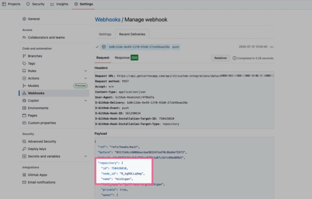 The repository name appears in the 'Recent deliveries' tab for the webhook in GitHub.