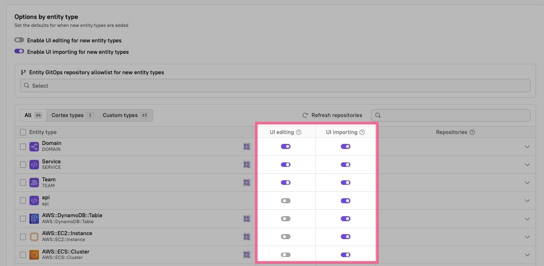 Entity types list with UI editing and UI importing toggles disabled for a selected type.