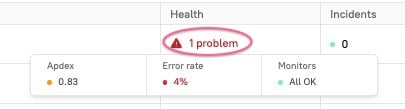 Shows the health and incidents columns on the entities page.