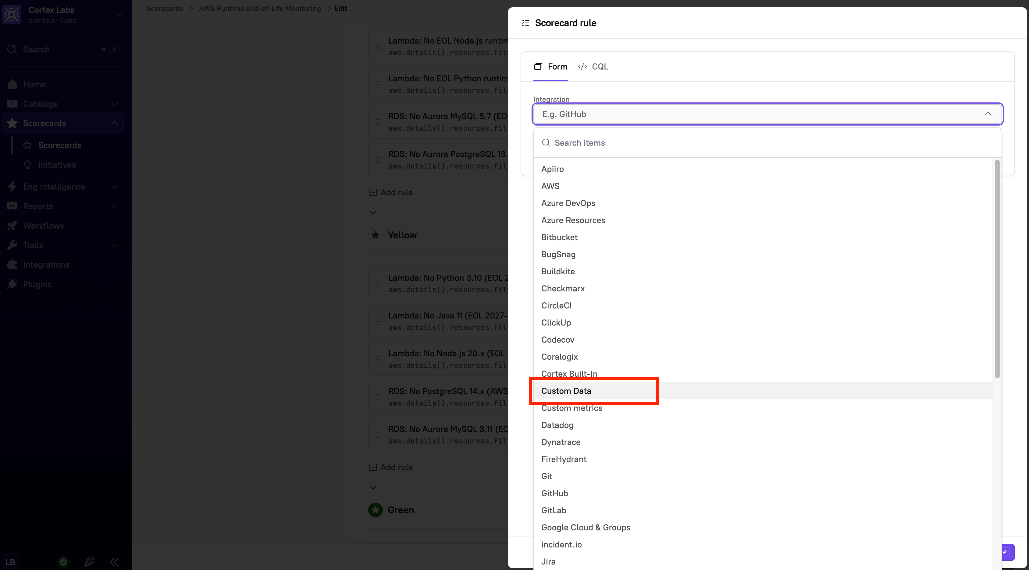 The 'Custom data' option selected in the Integrations drop-down menu.