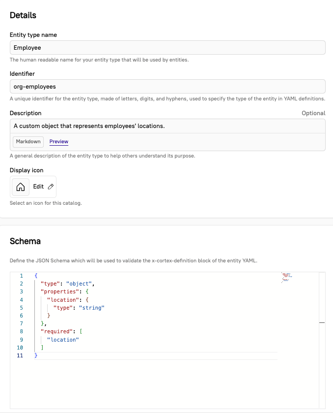 A custom entity called 'Employee' contains example JSON, demonstrating how to configure a required 'location' field.