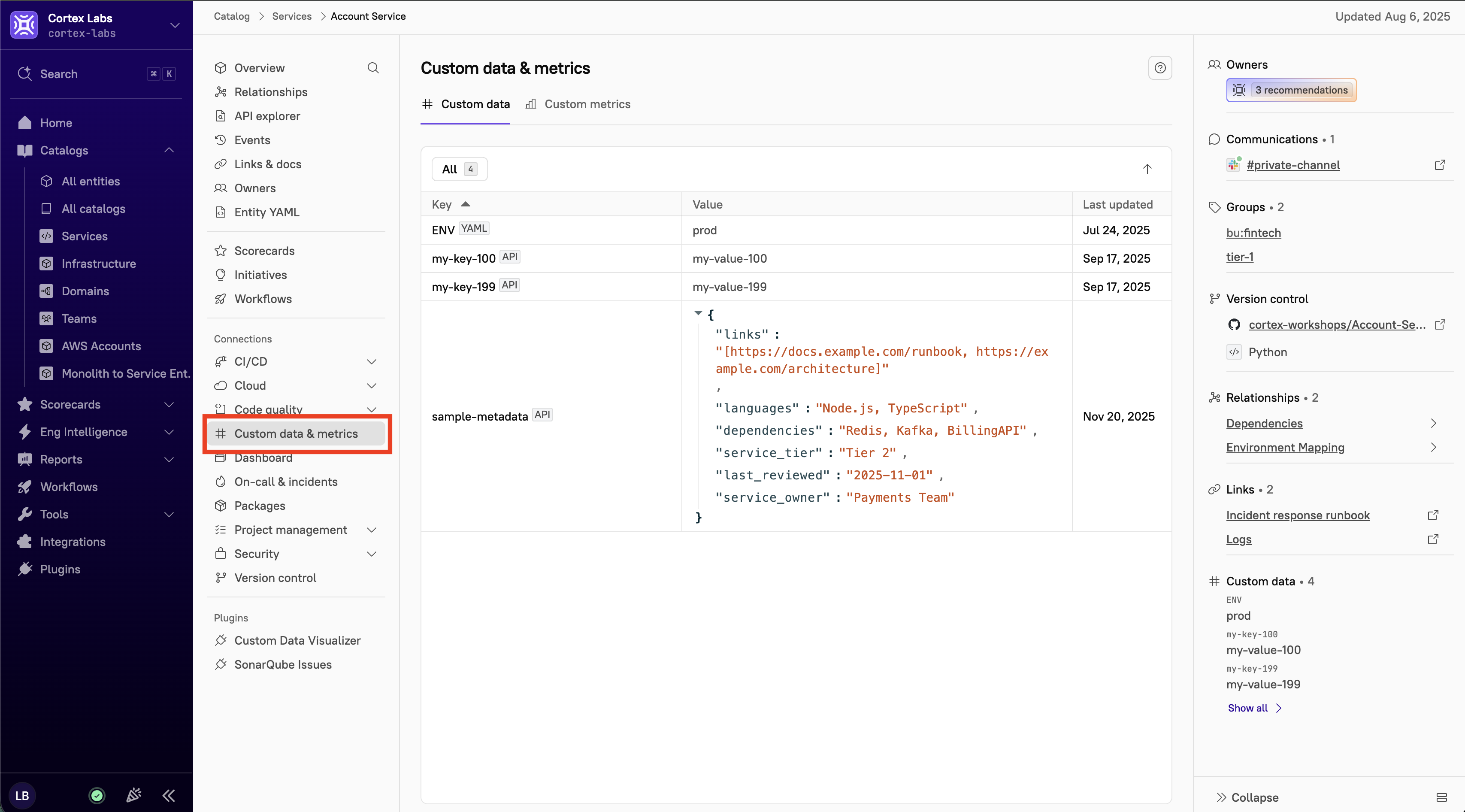Custom metrics option in the entity details sidebar.