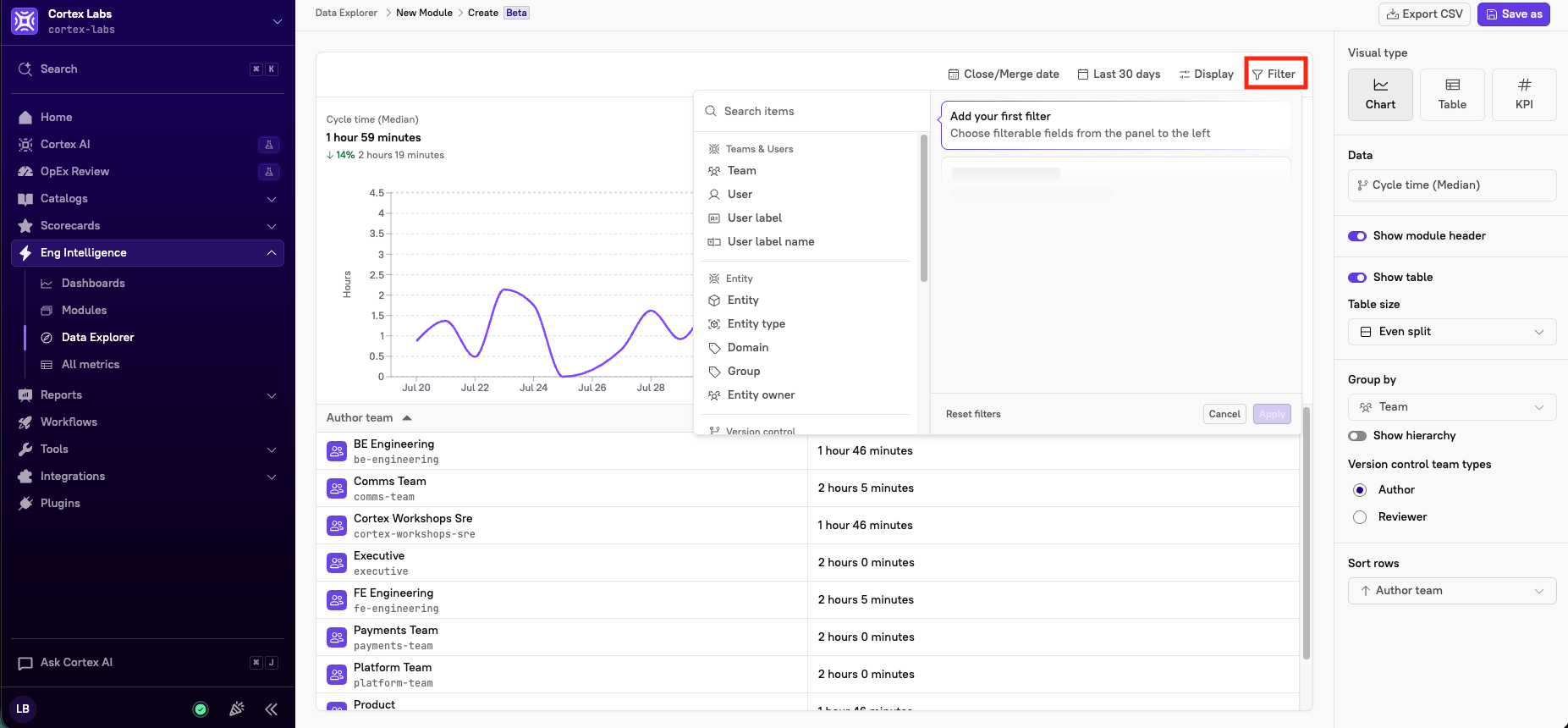 The 'Filter' option in Data Explorer.