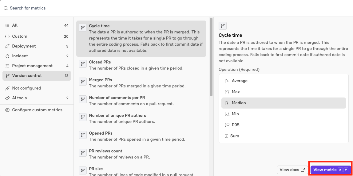 The 'View metric' button in the Metrics window.