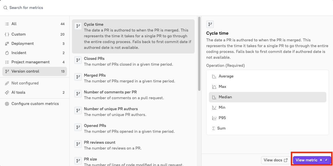 The 'View metric' button in the Metrics window.