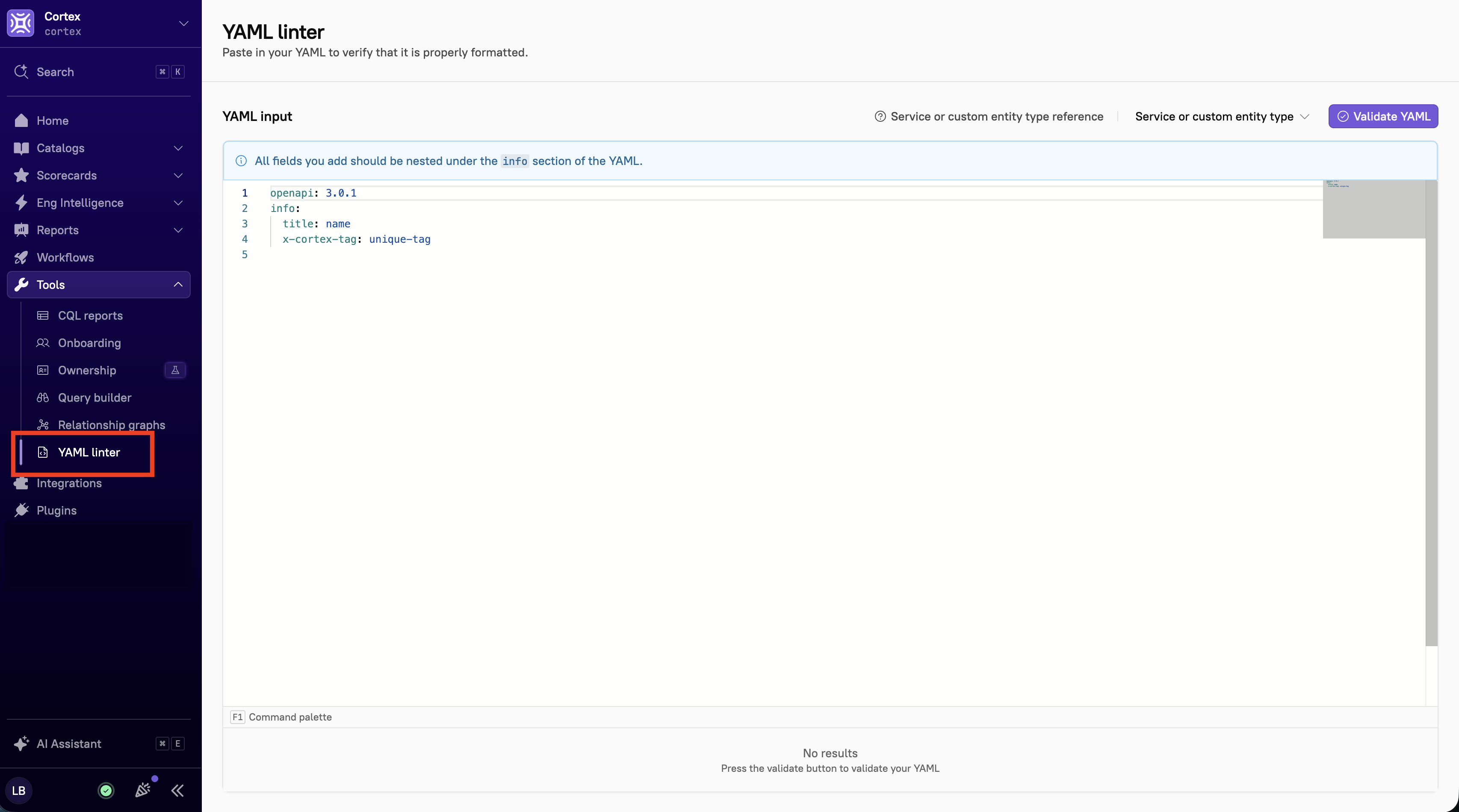 The YAML linter tool displayed in the Cortex UI.