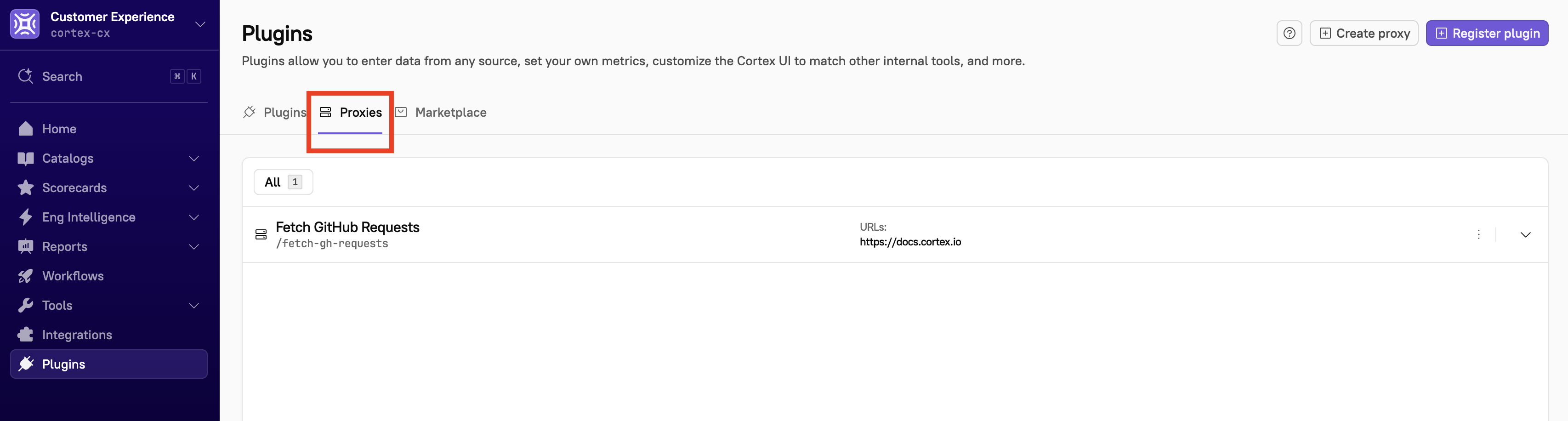 The 'Proxies' tab shows all available plugin proxies.