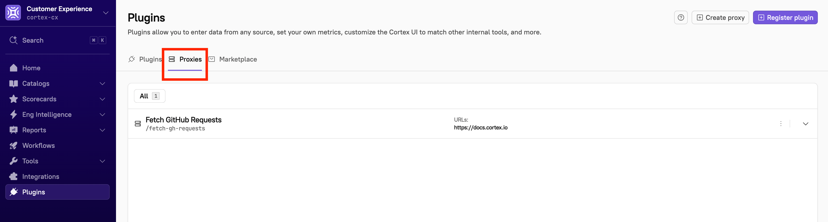The 'Proxies' tab shows all available plugin proxies.