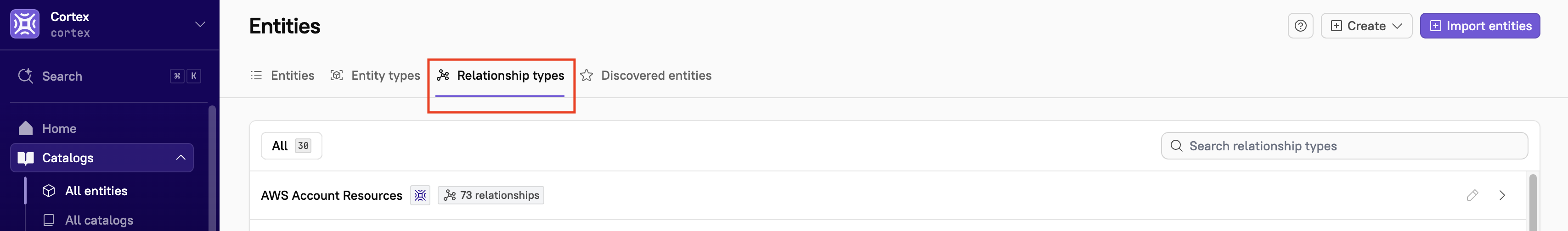 'Relationship types' tab in Cortex showing the list of defined entity relationships