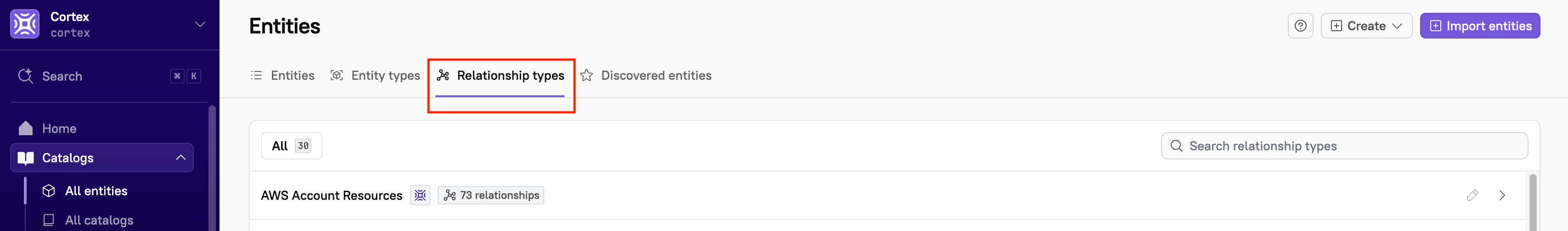 'Relationship types' tab in Cortex showing the list of defined entity relationships