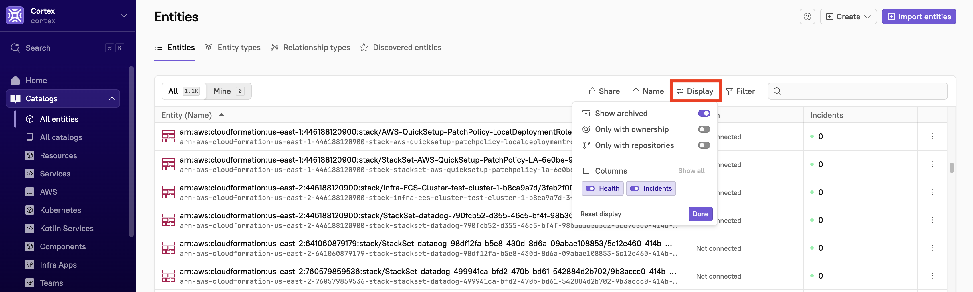 The 'Show archived' toggle turned on to include archived entities in the list.