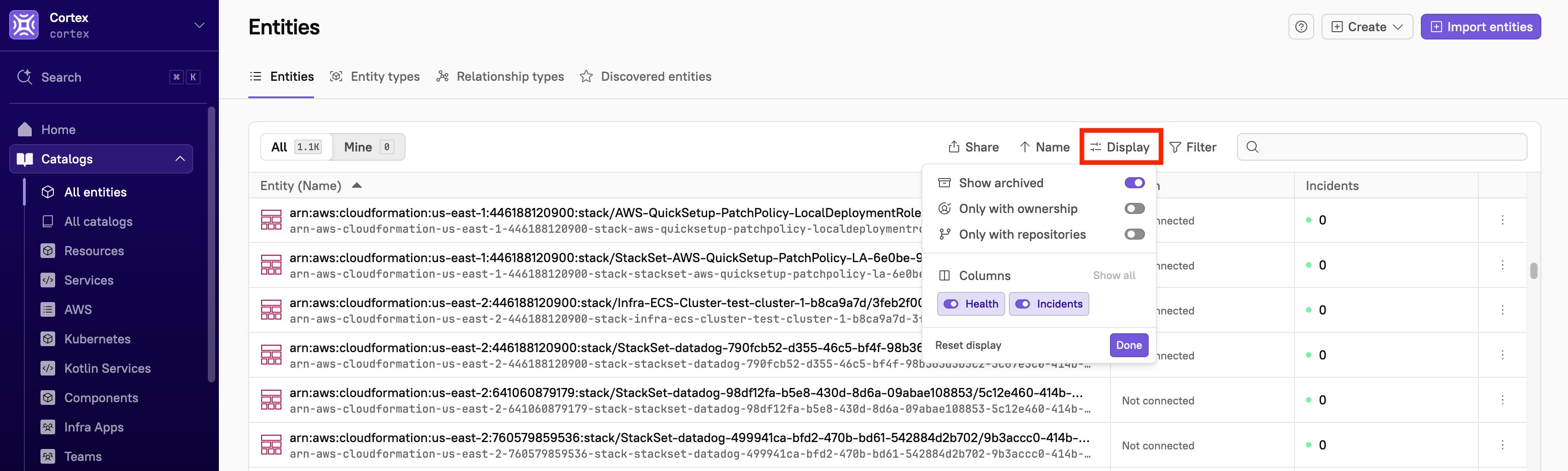 The 'Show archived' toggle turned on to include archived entities in the list.