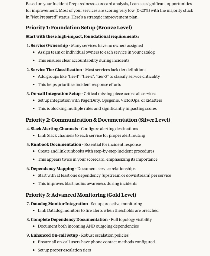 An MCP response listing priorities for improving a Scorecard.