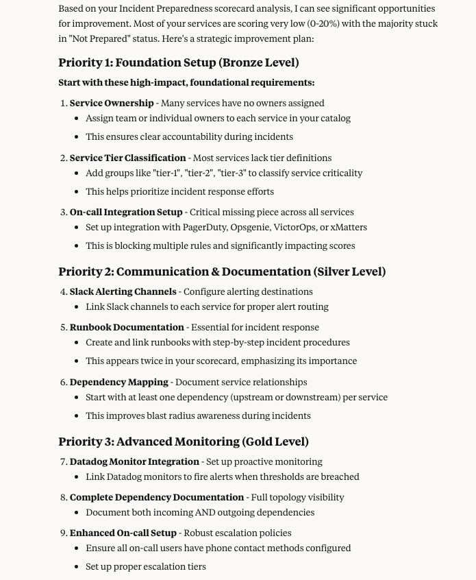 An MCP response listing priorities for improving a Scorecard.