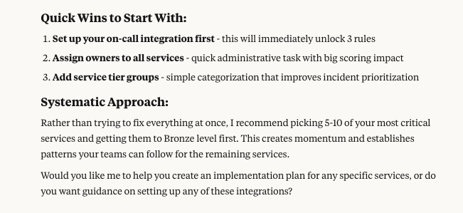 An MCP response suggesting quick wins and a systematic approach.