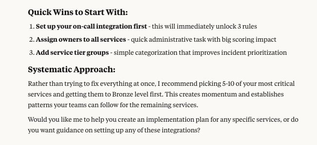 An MCP response suggesting quick wins and a systematic approach.