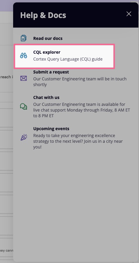 Click the CQL explorer link in the 'Help and docs' sidebar.