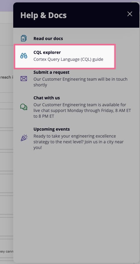 Click the CQL explorer link in the 'Help and docs' sidebar.