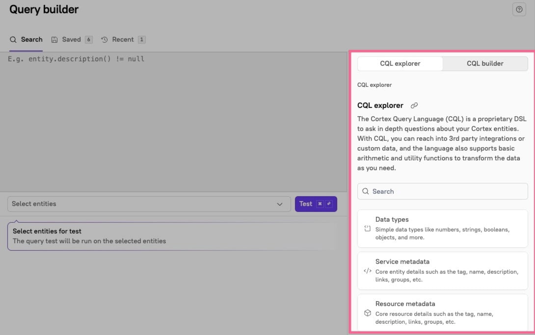 CQL explorer is on the right side of the Query builder.