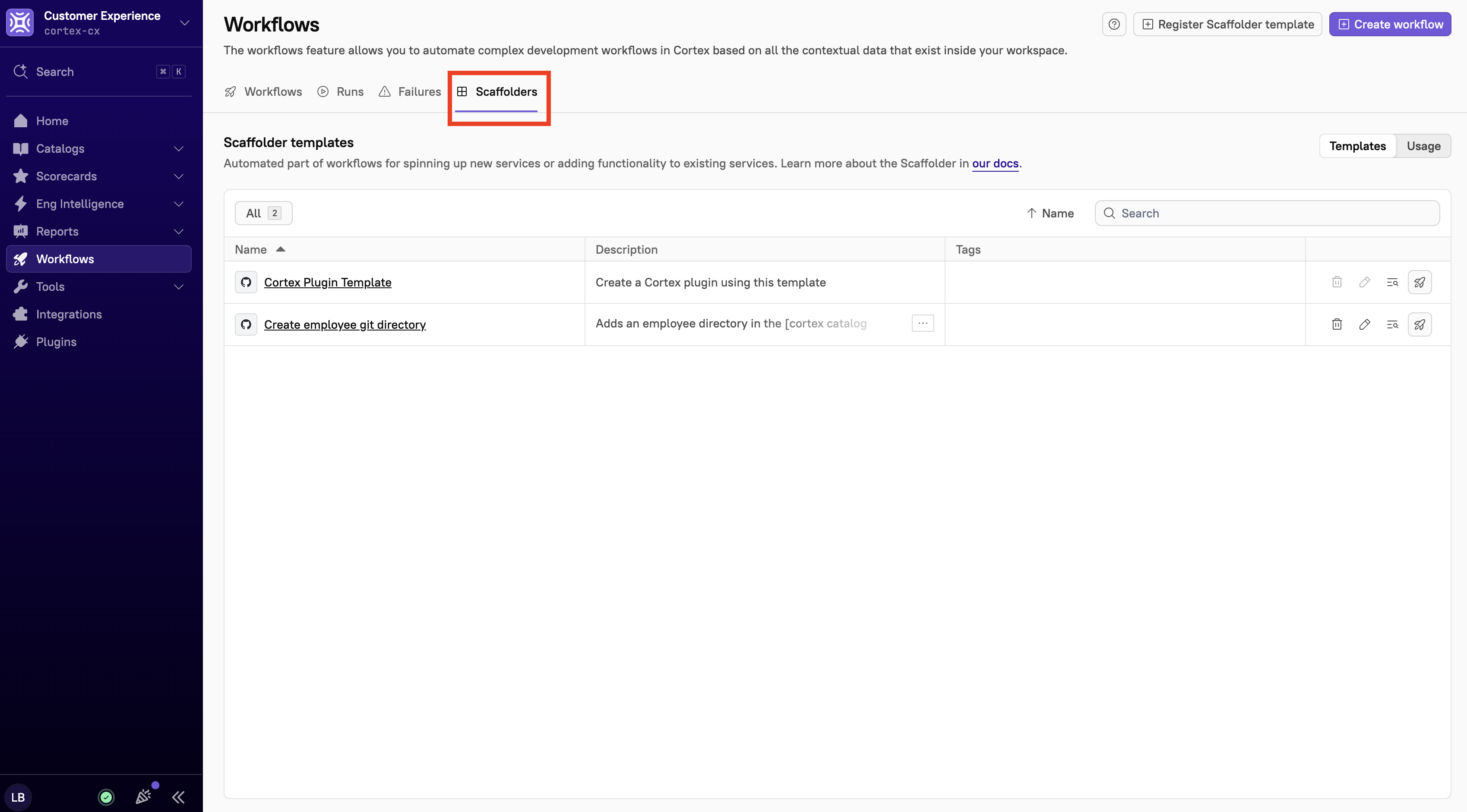 The 'Scaffolders' tab shows a list of Scaffolder templates used in your Workflows..