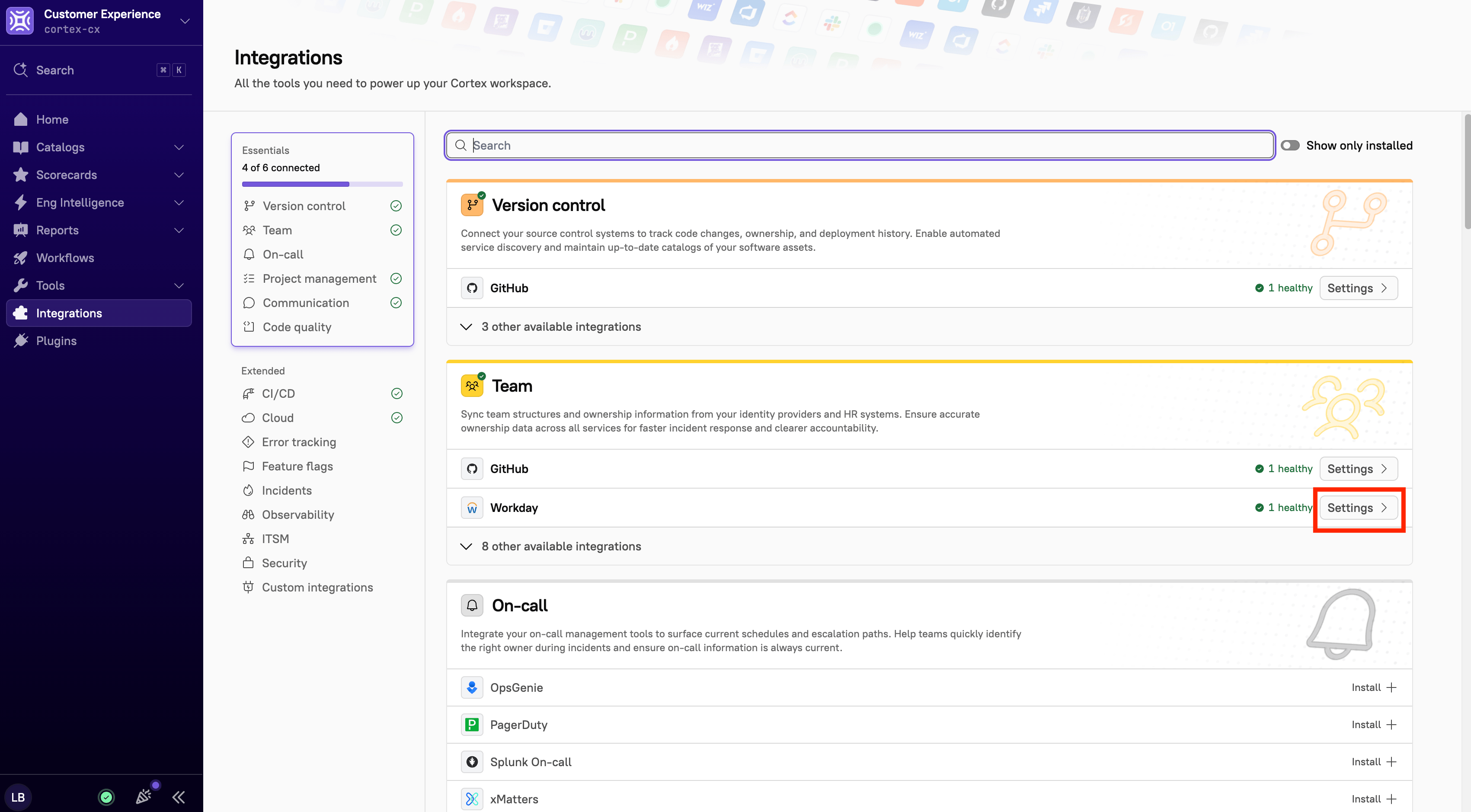 The 'Settings' button next to the Workday integration on the Integrations page.
