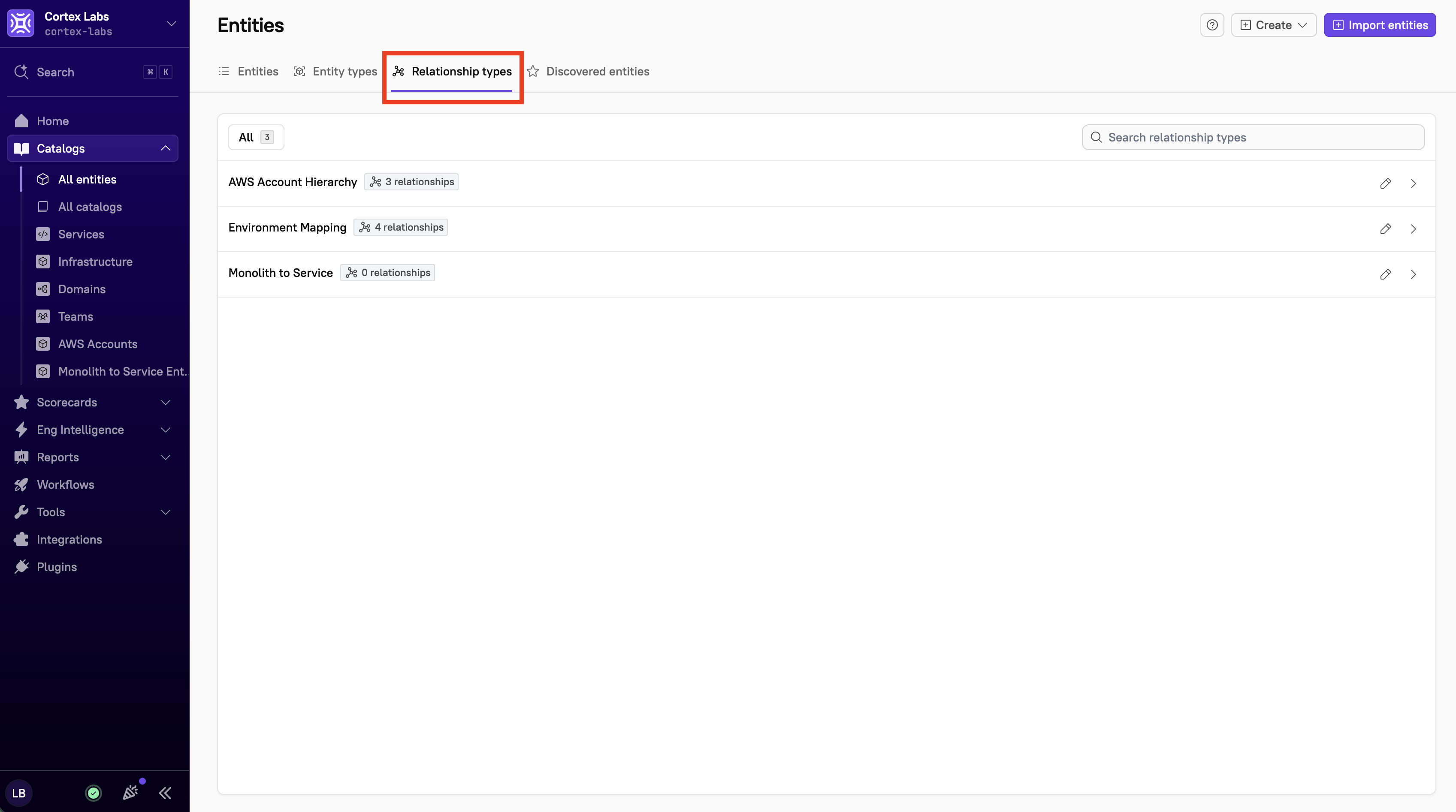 The 'Relationship types' tab on the Entities page.