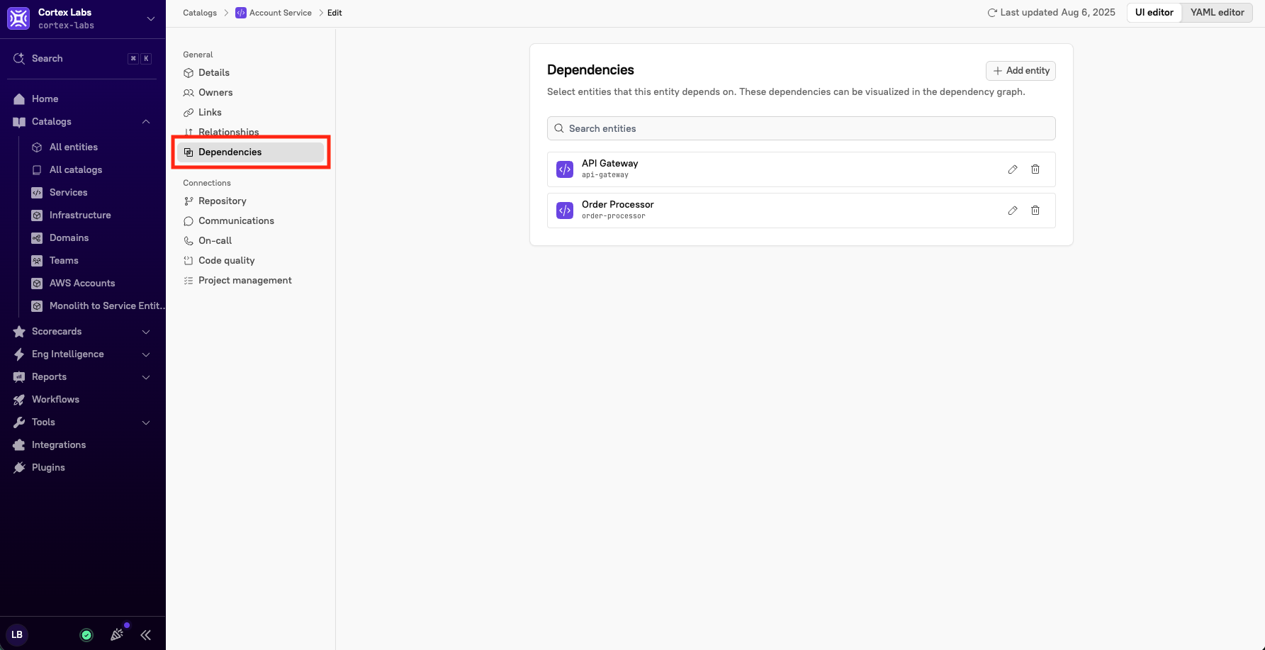 The 'Dependencies' tab in the left entity sidebar.