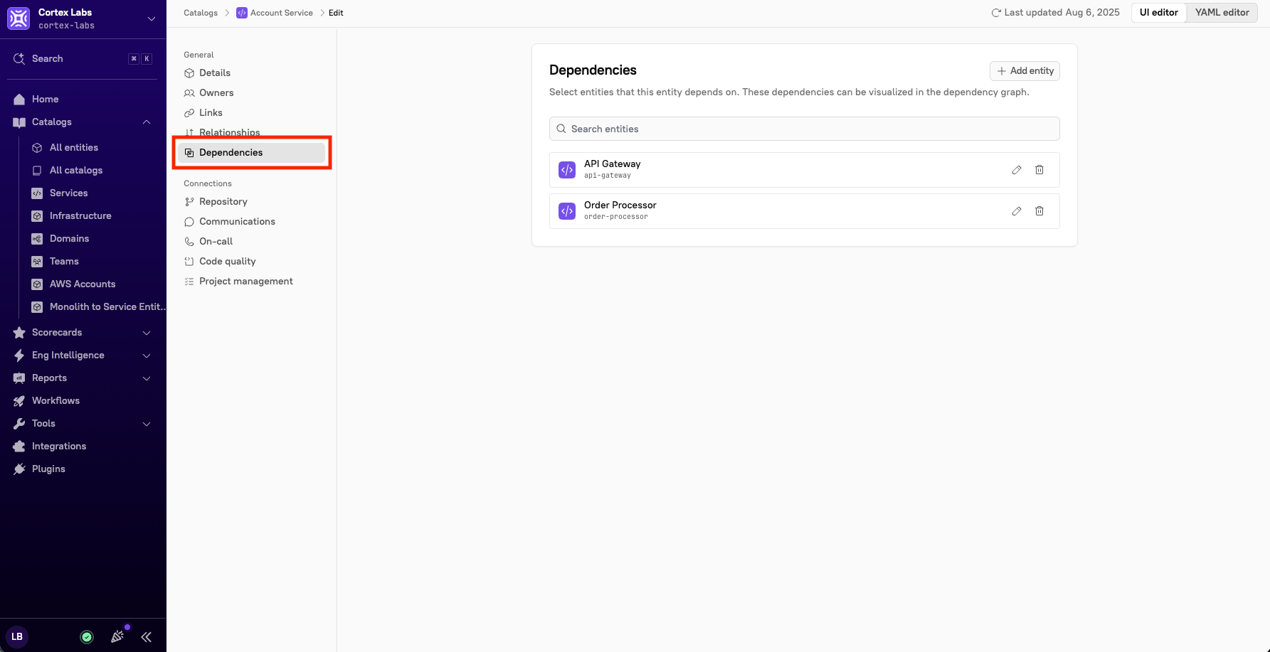 The 'Dependencies' tab in the left entity sidebar.