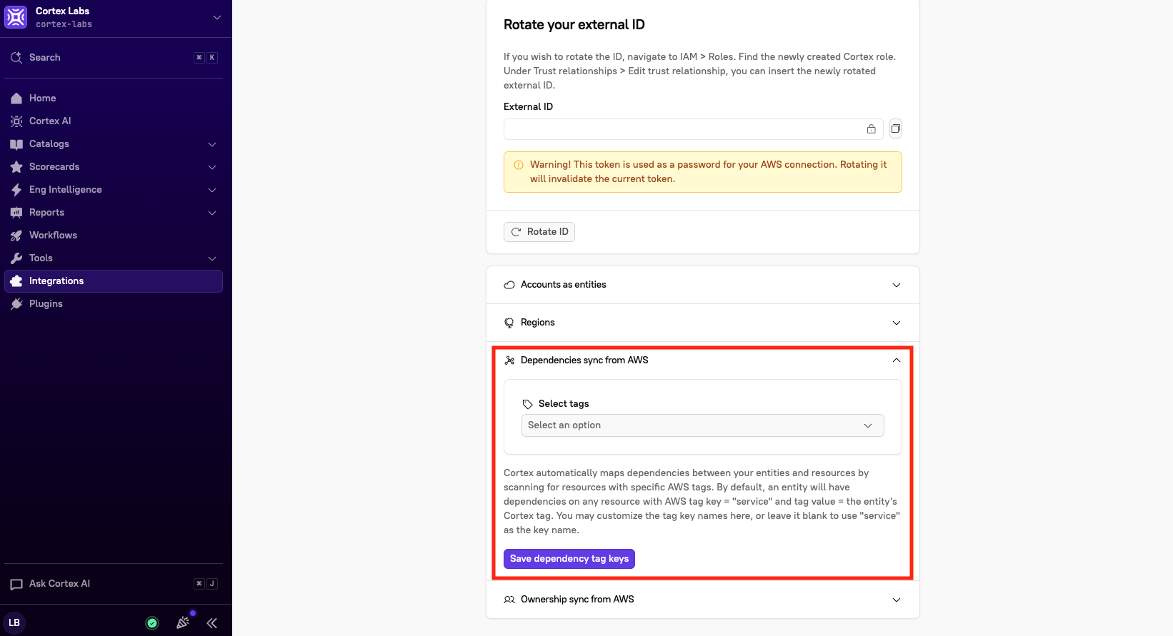 The 'Dependencies sync from AWS' section.