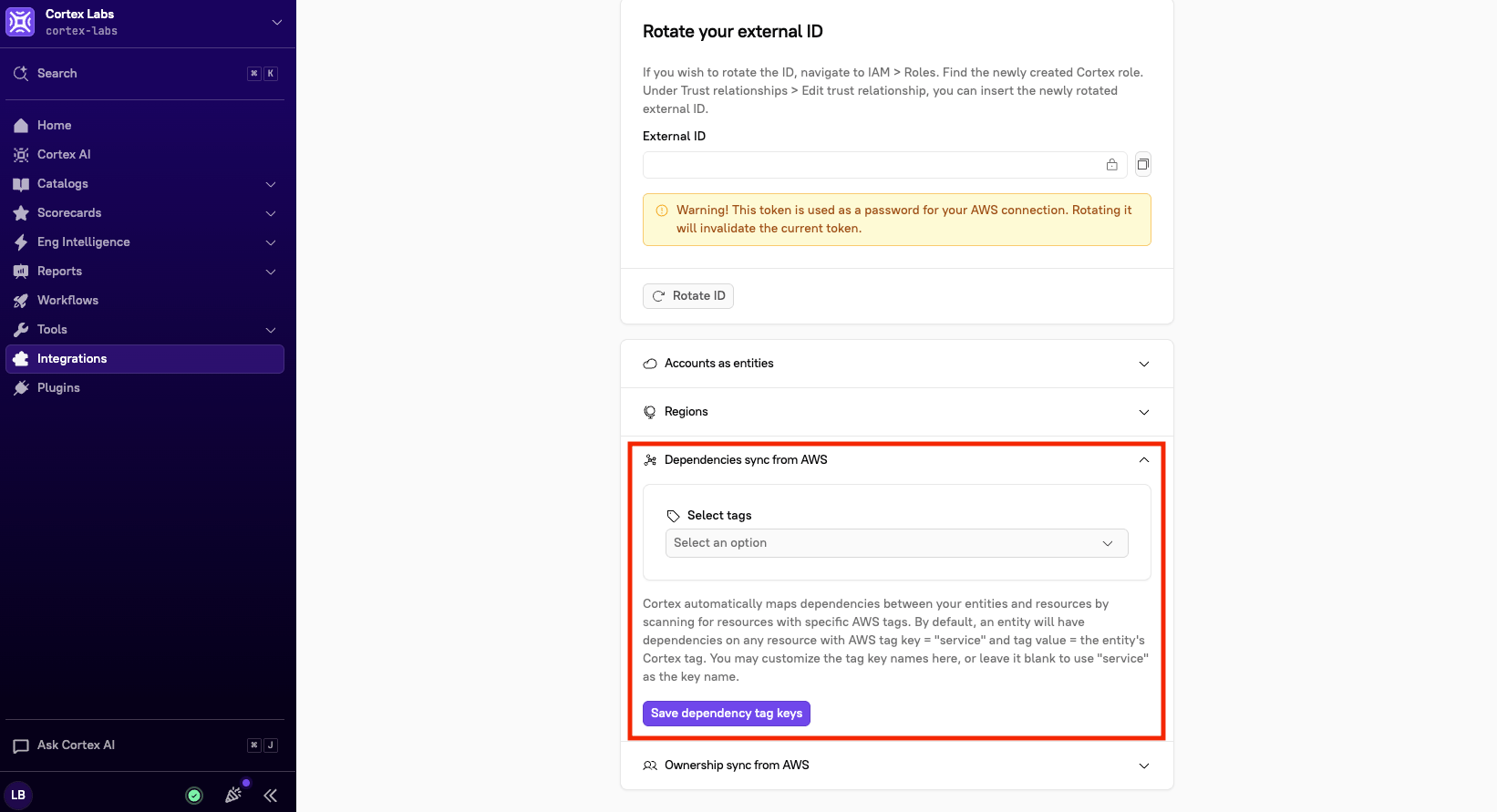 The 'Dependencies sync from AWS' section.