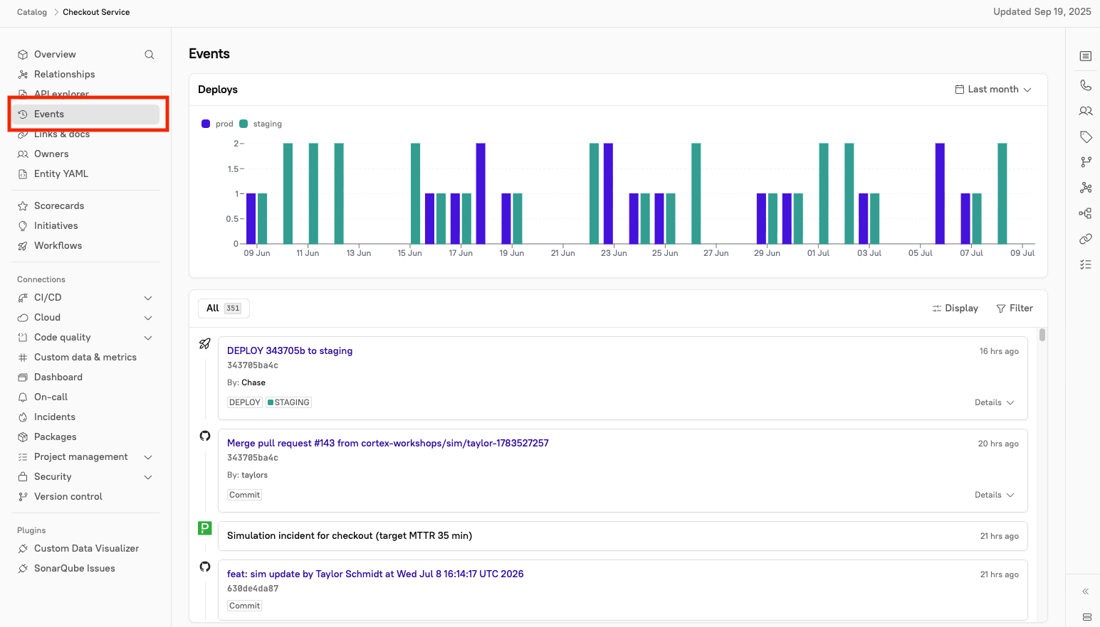 The 'Events' tab selected, showing a visual chart of deploys and all recent entity events.