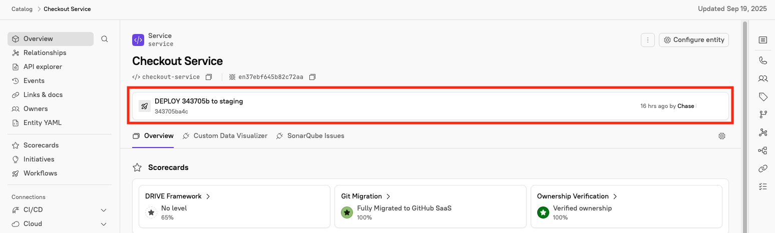 Deployment information is listed at the top of an entity's page.