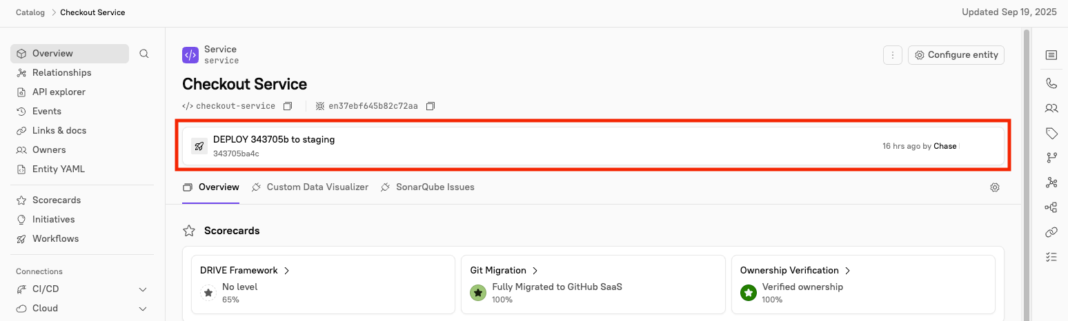 Deployment information is listed at the top of an entity's page.