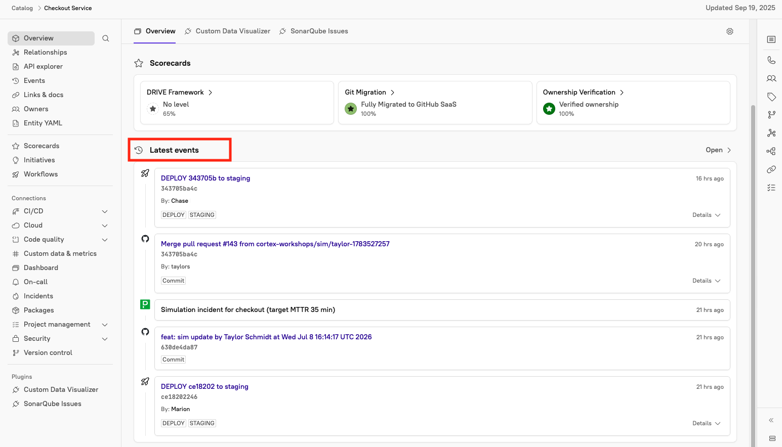 The 'Latest events' section of an entity' page.
