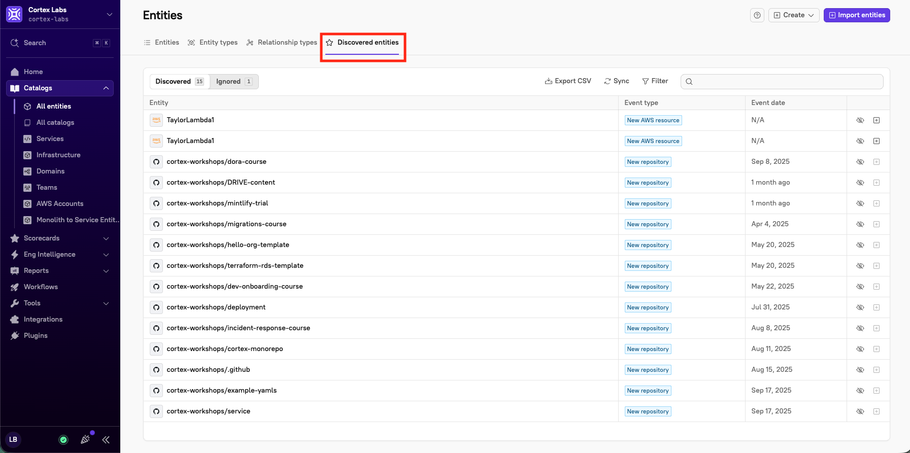 The 'Discovered entities' tab.