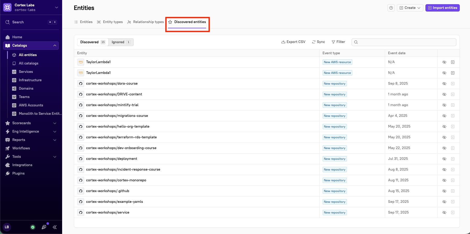 The 'Discovered entities' tab.