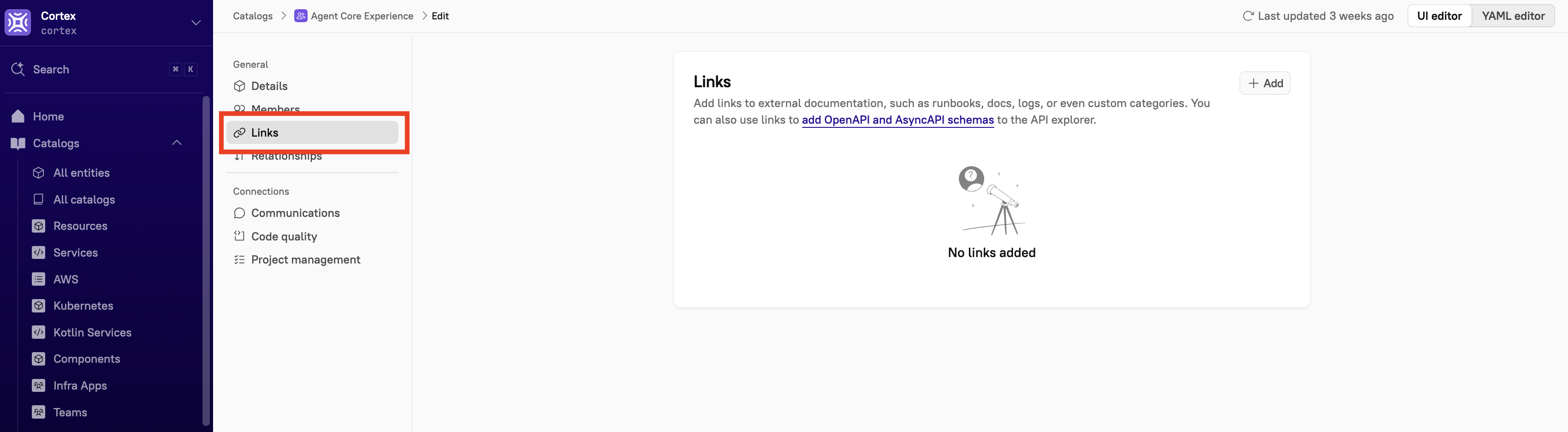 The Links page in the Cortex UI.